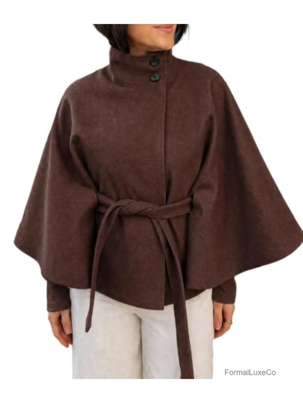 Wool Blend Batwing Sleeve Belted Cape Pea Coat